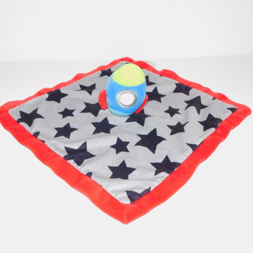 Baby Essentials Rocket Space Ship Black Gray Stars Red Trim Security Blanket